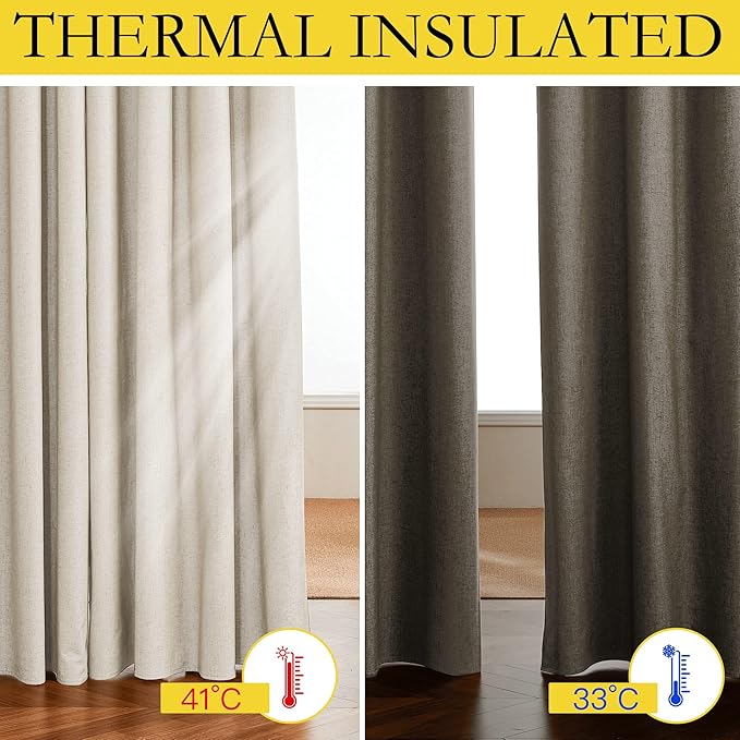 NICETOWN 100% Absolutely Blackout Linen Curtains with Thermal Insulated White Liner, Beige, W62, 2 Pieces, Noise Reducing Textured Linen Look Curtains for Windows 108 inch Length for Classroom