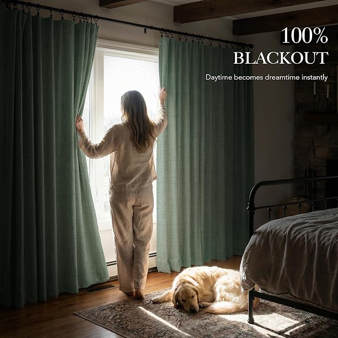 RYB HOME Sage Green 100% Blackout Curtains 108 inches Long, Thermal Insulated Linen Texture Drapes for Bedroom/Living Room, Elegant Farmhouse Curtains Back Tab&Rod Pocket, W52xL108, 2 Panels