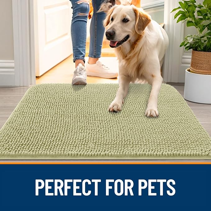 OLANLY Dog Door Mat for Muddy Paws 47x20, Absorbs Moisture and Dirt, Absorbent Non-Slip Washable Doormat, Quick Dry Chenille Mud Mat for Dogs, Entry Indoor Entryway Carpet for Inside Floor, Vanilla