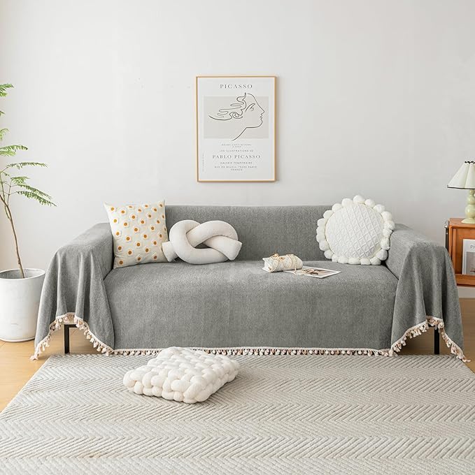 HANDONTIME Couch Slipcovers for Sofas Dark Grey Couches Cover Sofa Cover for Dogs Boho Pet Couch Protector with Tassel Sectional Throw Cover Chenille Herringbone Sofa Cover for 2 3 Seat, 91" X118"