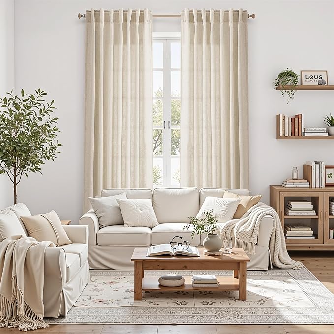 Cream Beige Linen Curtains 132 Inch Length for Living Room Light Filtering Semi Sheer Curtain Back Tab Modern Farmhouse Decor Elegant Drapes Floor to Ceiling High Window for Bedroom 52x132, 2 Panels