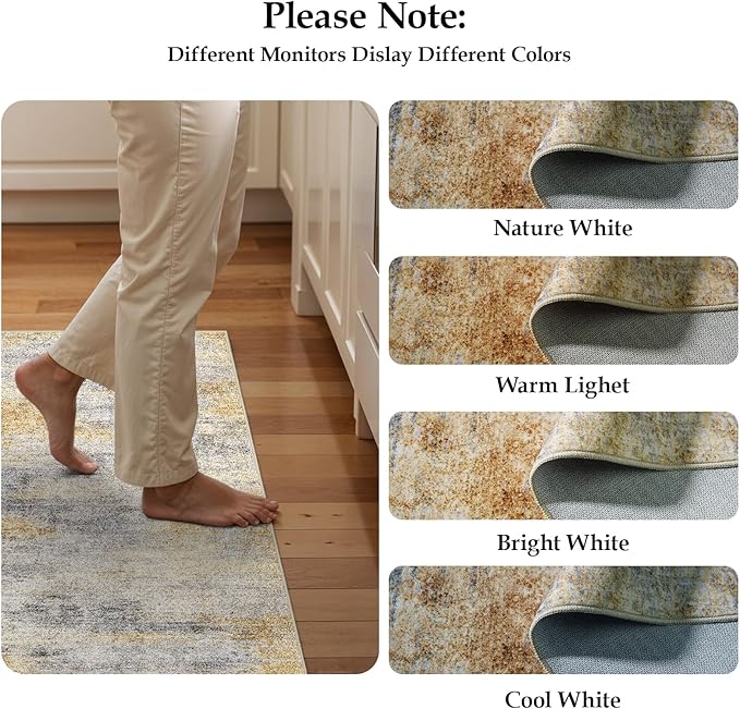 2'6''x16' Washable Kitchen Runner Rug: Modern Abstract Runners for Hallway Soft Non Slip Rugs with Rubber Backing Low Pile Thin Floor Carpet for Entryway Bedroom Bathroom Indoor(Grey/Yellow,2'6''x16')