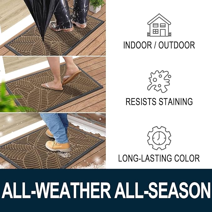 Colorxy Waterproof Doormat, Sturdy Natural Rubber Front Indoor Mat, Non Slip Low Profile Outdoor Door Mat, Stain and Fade Resistant Floor Mats, Easy Clean Patio Entry Mat, 59''x36'', Light Brown