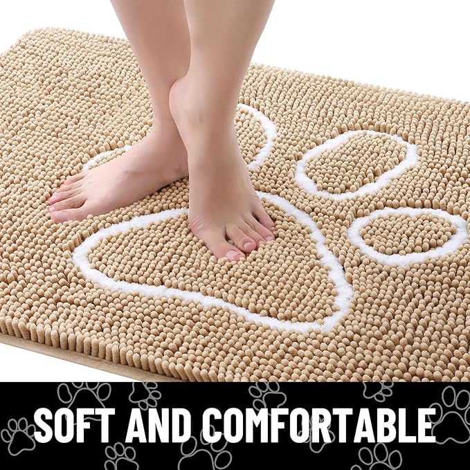 Smiry Dog Door Mat for Muddy Paws, Absorbent Dirt Trapper Non Slip Quick Dry Washable Chenille Mat for Mud Dogs, Entry Rug for Indoor and Outdoor (59x32 Inches, Beige and White)