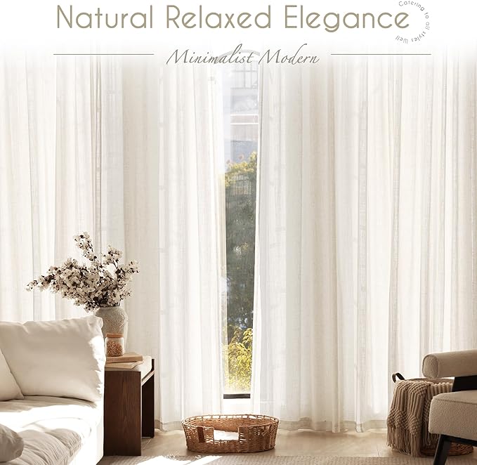 2 Panels Set Cream Linen Curtains 108 inches Long For Living Room Neutral Rustic Farmhouse Light Filtering Semi Sheer Linen Drapes 108 inch Ceiling To Floor For Large Window Villa Hallway Ivory 9 FT