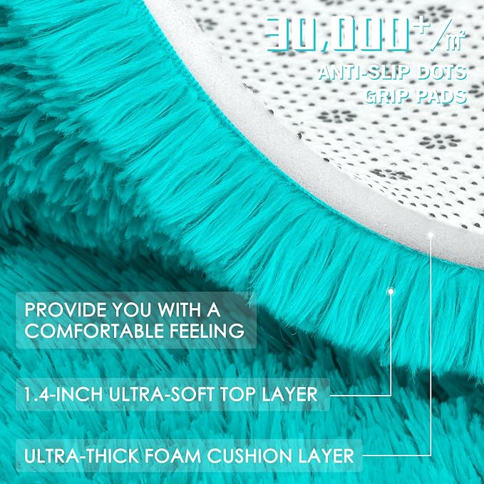 OLANLY Teal Blue Round Rugs for Bedroom - Machine Washable, 3 ft Circle Area Rugs for Living Room, Soft and Fluffy Shaggy Carpet for Teen Girls and Boys, Nursery Rooms, Dorms, Home Decor Aesthetic