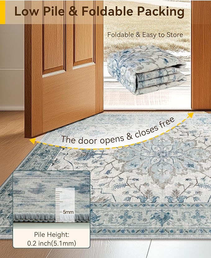Area Rugs 3'x7' Runner Rug Non Slip Washable for Kitchen Hallway Bedroom Beside Laundry Room Bathroom Rug, Floor Carpet, Light Blue Navy Beige Gray White