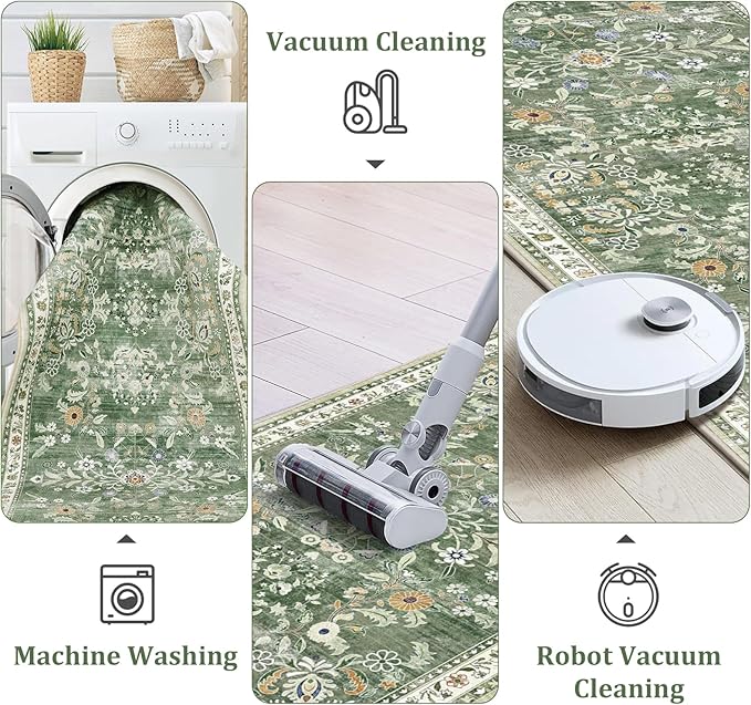 Yamaziot Washable Runner Rug 2x12 – Floral Non Slip Boho Hallway Runner Rug with Rubber Backing, Low Pile Faux Wool Distressed Carpet for Kitchen, Laundry, Bedroom, Entrance, Green