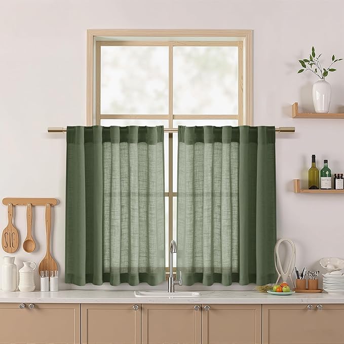 Nanspring Short Linen Curtains 36 Inch Length for Kitchen Windows Over Sink Olive Green Light Filtering Back Tab and Rod Pocket Neutral Curtains for Cafe Basement 30 x 36 Inch,2 Panels