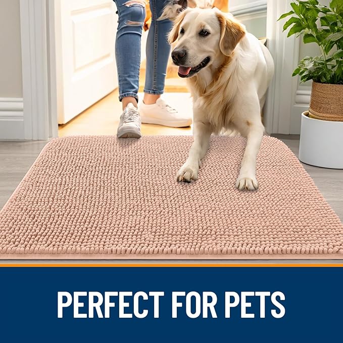 OLANLY Dog Door Mat for Muddy Paws 45x27, Absorbs Moisture and Dirt, Absorbent Non-Slip Washable Doormat, Quick Dry Chenille Mud Mat for Dogs, Entry Indoor Entryway Carpet for Inside Floor, Peach