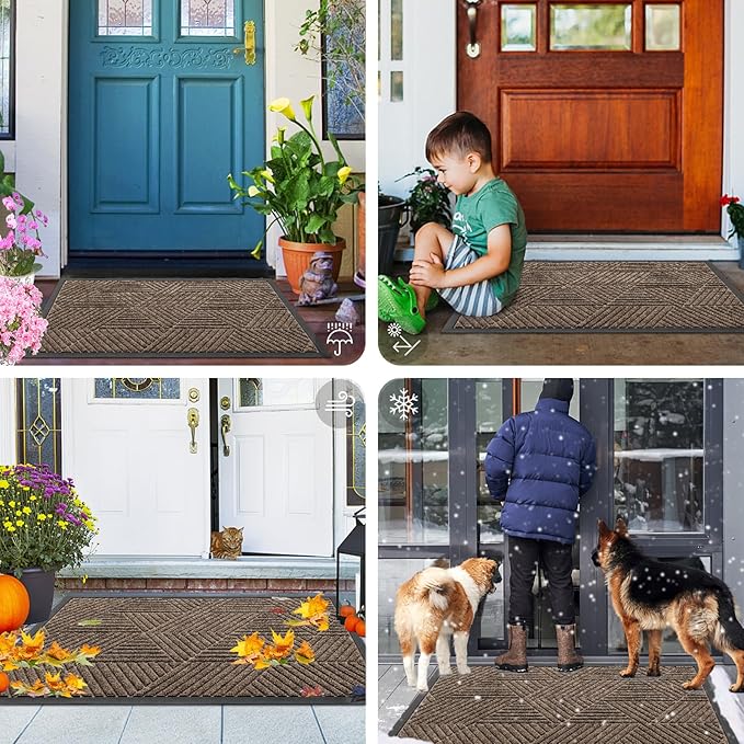 Smiry Front Door Mat Outside Entrance, Heavy Duty Sturdy Natural Rubber Doormat, Trap Dirt and Moisture, Easy Clean Low Profile Mats for Indoor Outdoor Entry, Irregular Triangle (29.5x17, Brown)