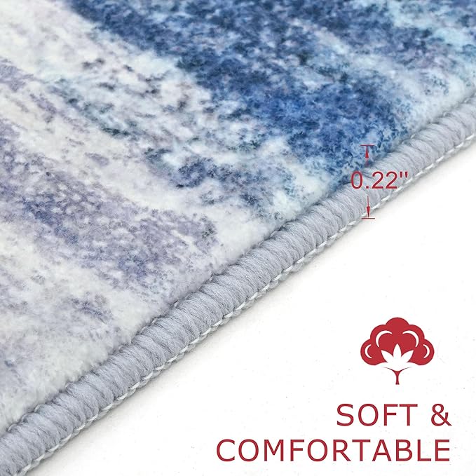 KOZYFLY 3x8 Ft Rug Modern Ombre Runner Rug for Hallway, Washable Kitchen Rugs Non-Slip Soft Striped Entryway Rug, Print Blue/Grey/Beige Abstract Carpet for Laundry Nursery