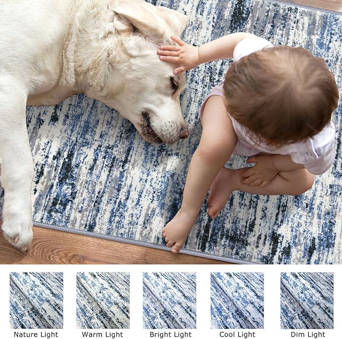 Lansny Modern Abstract Hallway Runner Rug, Grey Blue White Washable Kitchen Runner Non-Slip Soft 2x8 Runner Rug Thin Print Faux Wool Carpet for Entryway Bedroom Laundry Room Indoor Home Decor