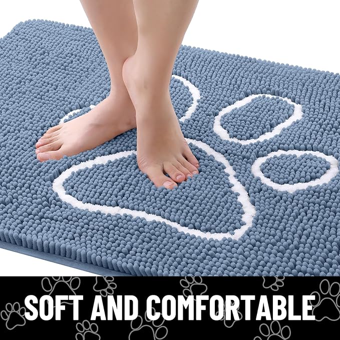 Smiry Dog Door Mat for Muddy Paws, Absorbent Dirt Trapper Non Slip Quick Dry Washable Chenille Mat for Mud Dogs, Entry Rug for Indoor and Outdoor (47x32 Inches, Airy Blue and White)