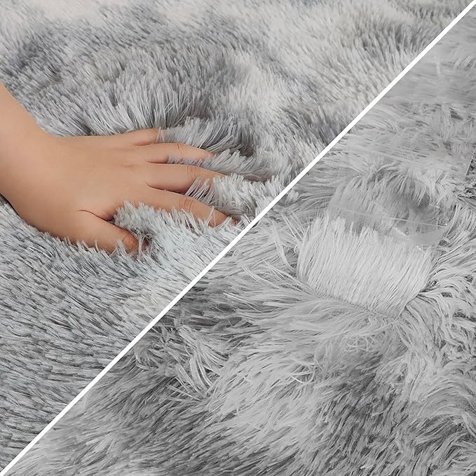 Super Soft Fluffy Living Room Area Rug 3x10 ft Tie-Dyed Light Grey Shaggy Furry Carpet Washable Non-Slip Floor Rugs Bedroom Bedside Nursery Rug Fuzzy Boys Girls Dorm Home Decor Aesthetic