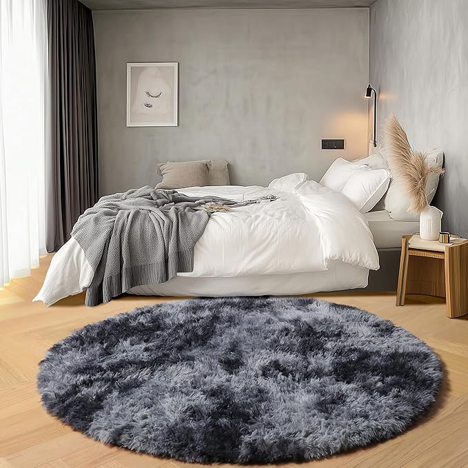 ONASAR Tie-Dyed Dark Grey Round Area Rugs 5ft, Ultra Soft Bedroom Circle Rug for Kids Girls Teen Room, Fluffy Plush Shaggy Carpet Floor Mats for Baby Nursery Living Room Playroom Home Decor