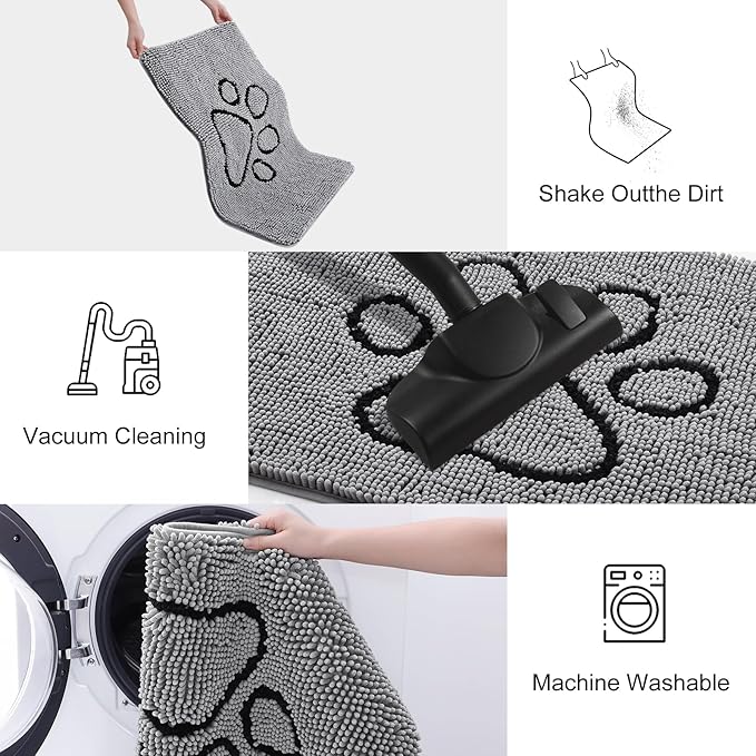 Smiry Dog Door Mat for Muddy Paws, Absorbent Dirt Trapper Non Slip Quick Dry Washable Chenille Mat for Mud Dogs, Entry Rug for Indoor and Outdoor (59x32 Inches, Grey and Black)