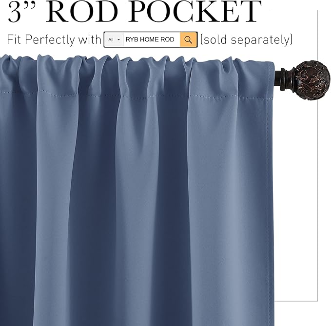 RYB HOME 54 inch Blackout Curtains for Living Room, Rod Pocket Thermal Insulated Small Window Drapes Room Darkening Shades for Bedroom Studio Dorm, W 42 x L 54 inch, Set of 2 Panels, Stone Blue