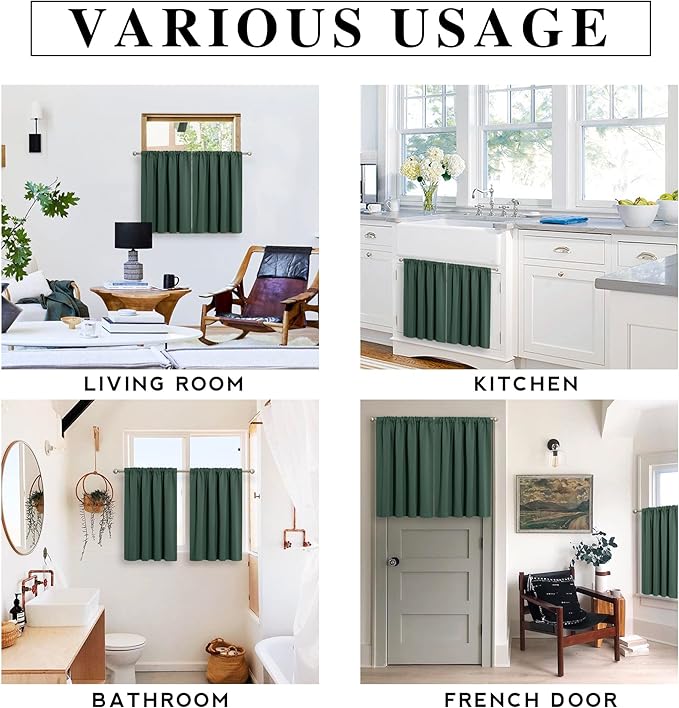 RYB HOME Blackout French Door Window Curtain Covering, Rod Pocket Thermal Insulated Privacy Non See Through Drapes for Bathroom Window, Width 29 by Length 45, Dark Green, 2 Panels