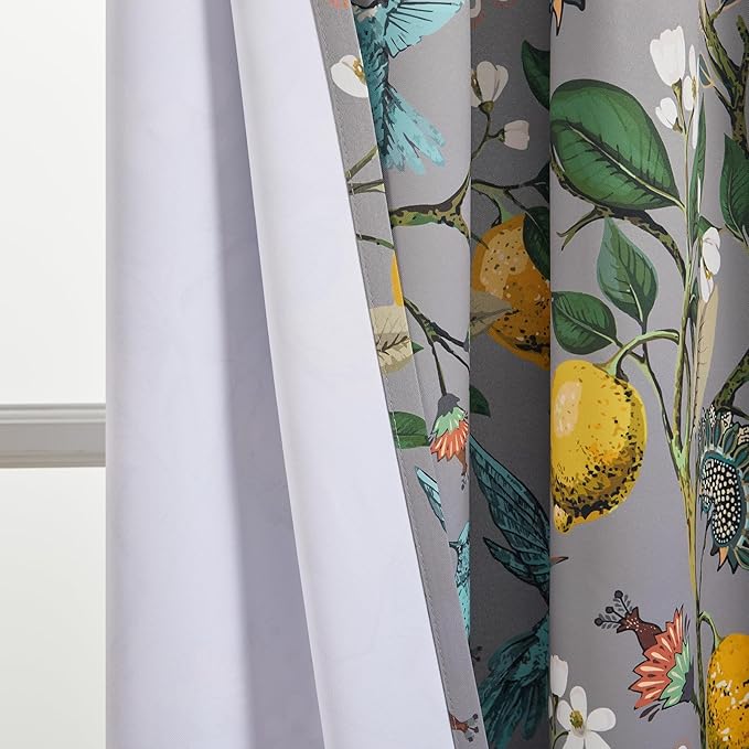 Topfinel Black Dark Floral Grey Blackout Curtains, Gray Decorative French Country Grommet Dark Academia Antique Decor Hummingbird Window Covering for Living Room Bedroom Dining,84 Inch Length
