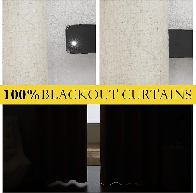 NICETOWN Natural Bedroom Full Blackout Linen Curtain Panels Set of 2, 42" by 72", Thick Insulated Classic Grommet Blackout Draperies with White Thermal Insulated Liner for Windows