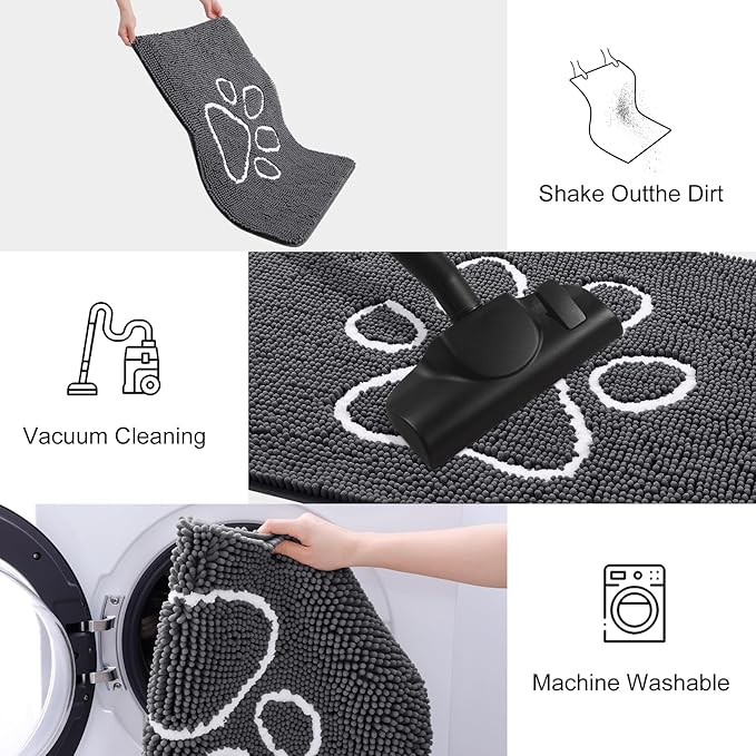 Smiry Dog Door Mat for Muddy Paws, Absorbent Dirt Trapper Non Slip Quick Dry Washable Chenille Mat for Mud Dogs, Entry Rug for Indoor and Outdoor (59x35 Inches, Dark Grey and White)