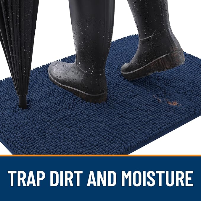 OLANLY Dog Door Mat for Muddy Paws 35x24, Absorbs Moisture and Dirt, Absorbent Non-Slip Washable Doormat, Quick Dry Chenille Mud Mat for Dogs, Entry Indoor Entryway Carpet for Inside Floor, Dark Blue