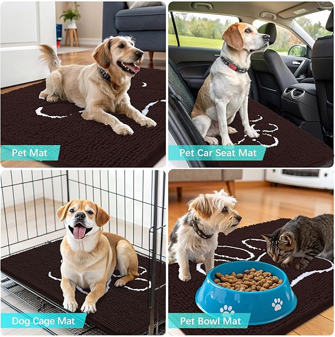 OLANLY Dog Door Mat for Muddy Paws 59x32, Paw Print Design, Absorbs Moisture and Dirt, Absorbent Non-Slip Washable Doormat, Quick Dry Chenille Mud Mat for Dogs, Entry Indoor Entryway Carpet, Brown