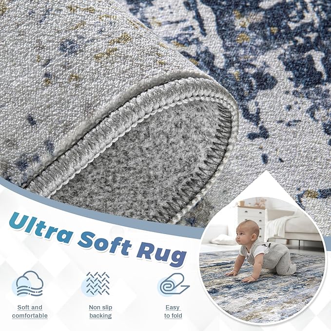 Area Rugs 6x9 for Living Room: Washable Rug Modern Abstract Neutral Soft Non-Slip Low-Pile Indoor Carpet for Bedroom Dining Room Playroom Home Office (Blue Grey Brown, 6'x9')