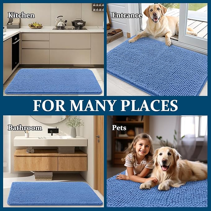 OLANLY Dog Door Mat for Muddy Paws 47x20, Absorbs Moisture and Dirt, Absorbent Non-Slip Washable Doormat, Quick Dry Chenille Mud Mat, Entry Indoor Entryway Carpet for Inside Floor, Cornflower Blue