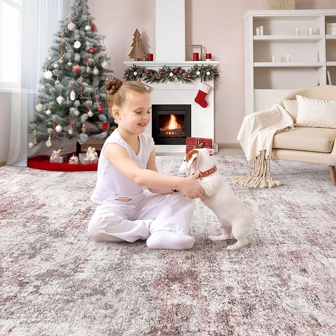 UERMEI 6x9 Area Rug Living Room Rugs - Washable Neutral Modern Abstract Soft Thin Large Rug Indoor Floor No Slip Rug Carpet for Bedroom Under Dining Table Home Office Decor - Pink