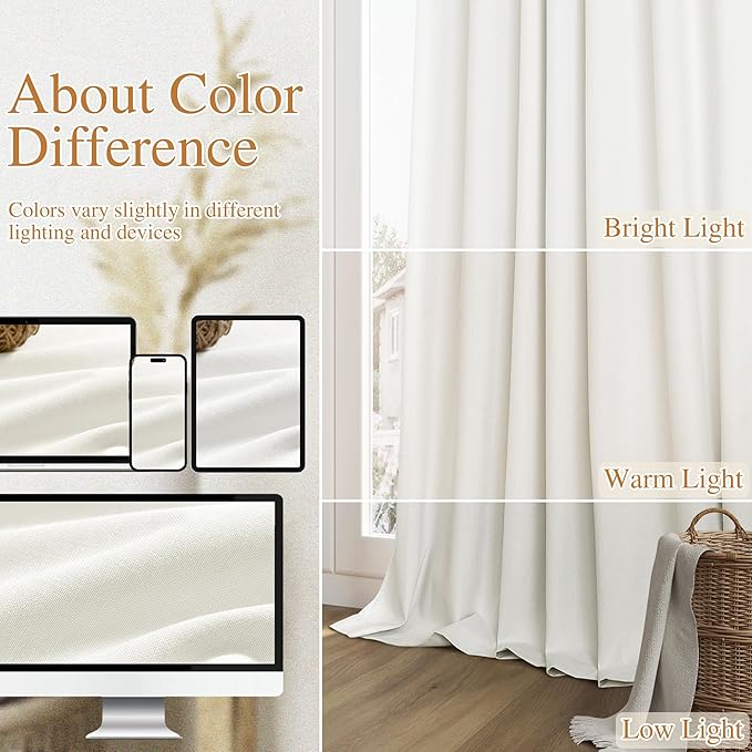 Ivory 100% Blackout Linen Curtains 144 Inch Length 2 Panels Set for Living Room Bedroom Back Tab Thermal Insulated Black Out Drapes Room Darkening Farmhouse Style for Bedroom Window Curtains 52x144