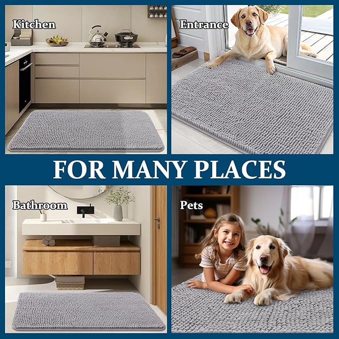 OLANLY Dog Door Mat for Muddy Paws 47x32, Absorbs Moisture and Dirt, Absorbent Non-Slip Washable Doormat, Quick Dry Chenille Mud Mat for Dogs, Entry Indoor Entryway Carpet for Inside Floor, Light Grey
