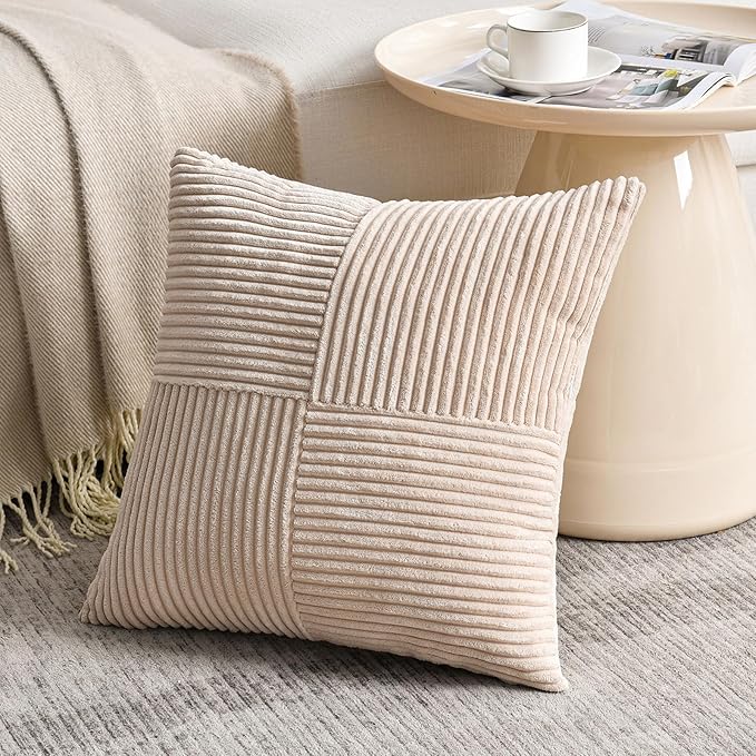 Fancy Homi 2 Packs Tan Decorative Throw Pillow Covers 20x20 Inch for Living Room Couch Bed Sofa, Farmhouse Boho Home Decor, Soft Corss Corduroy Patchwork Accent Square Beige Cushion Case 50x50 cm