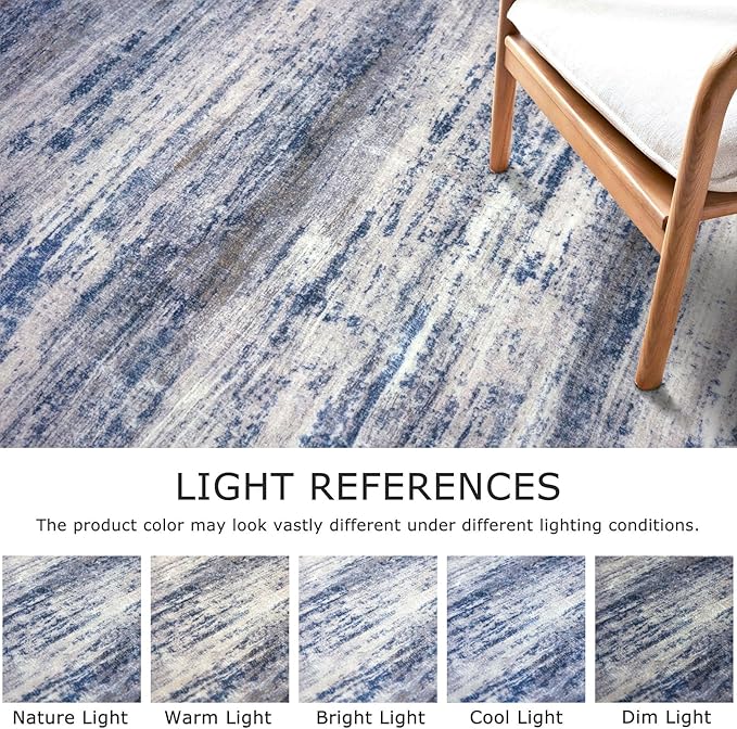KOZYFLY Washable Area Rug 5x7 Modern Ombre Living Room Thin Area Rug Non-Slip Soft Striped Rug for Bedroom, Print Grey-Blue Abstract Carpet for Laundry Kid Room