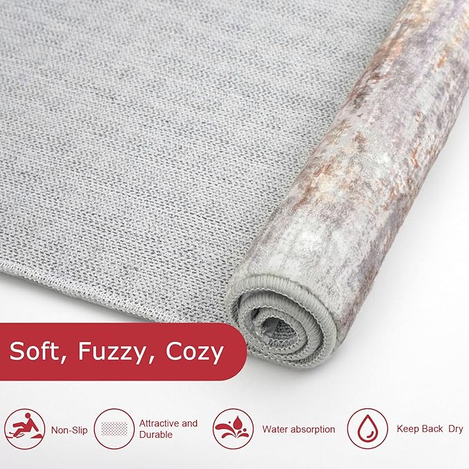 KOZYFLY Modern Abstract Washable Rug Runner 2.6x10 Hallway Rug Runner Non-Slip Soft Kitchen Runner Rugs, Multi Grey/Orange Striped Carpet for Entryway Bathroom