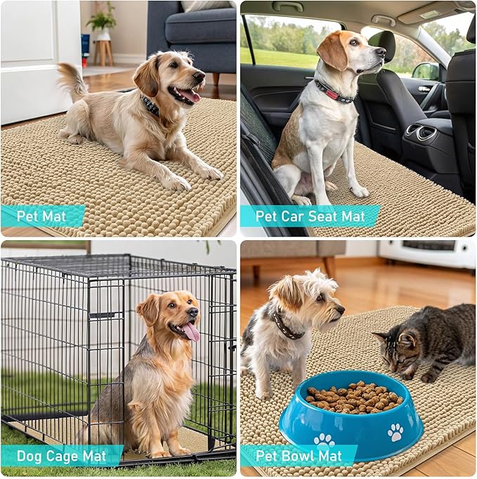 OLANLY Dog Door Mat for Muddy Paws 45x27, Absorbs Moisture and Dirt, Absorbent Non-Slip Washable Doormat, Quick Dry Chenille Mud Mat for Dogs, Entry Indoor Entryway Carpet for Inside Floor, Beige