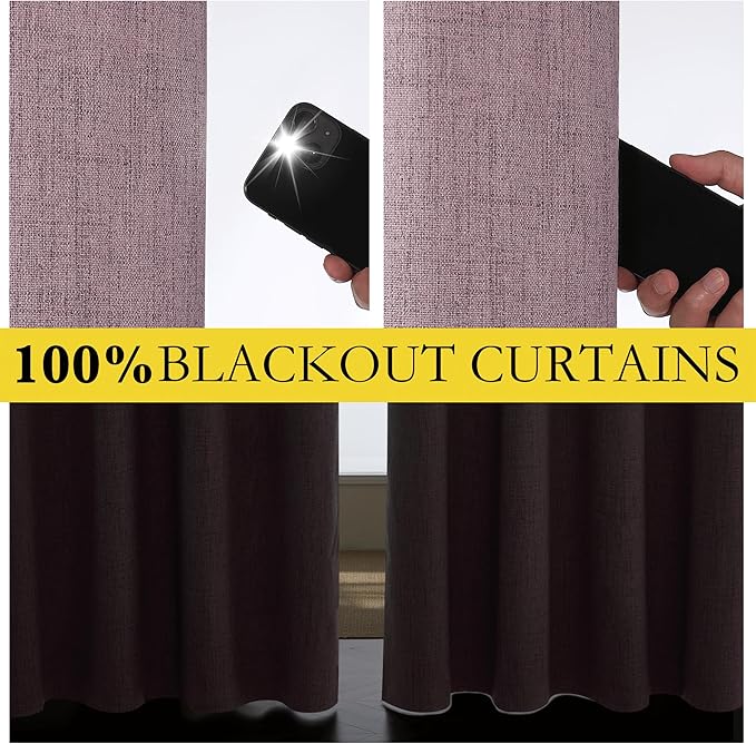 NICETOWN Chaise Mauve Vintage Linen 100% Blackout Curtains for Kitchen, Thermal Insulated Curtains 63" Long, Noise Reducing Window Treatment Drapes for Dorm Room, 62" Wide Per Panel, Set of 2