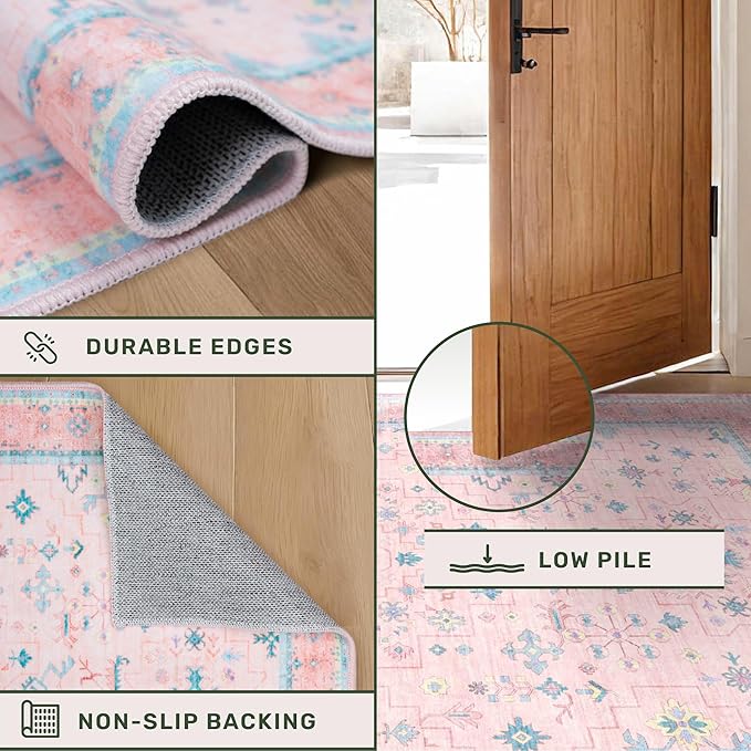 Pink Rugs for Bedroom Girls, 5x7 Washable Area Rug for Living Room Nursery Kids Baby Playroom Indoor Decor, Oushak Floral Vintage Low Pile Boho Non Slip Foldable Carpet