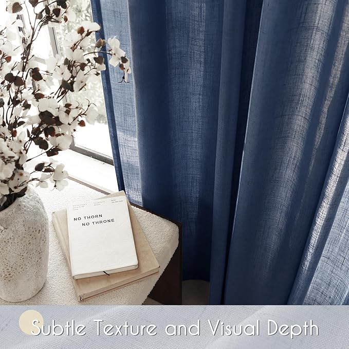 Navy Blue Curtains 90 inch Length for Bedroom, Living Room, Dining Room, 52" W x 90" L, Back Tab, Light Filtering, Semi Sheer, Linen Cotton Textured, Modern Farmhouse Aesthetic, Dark Blue