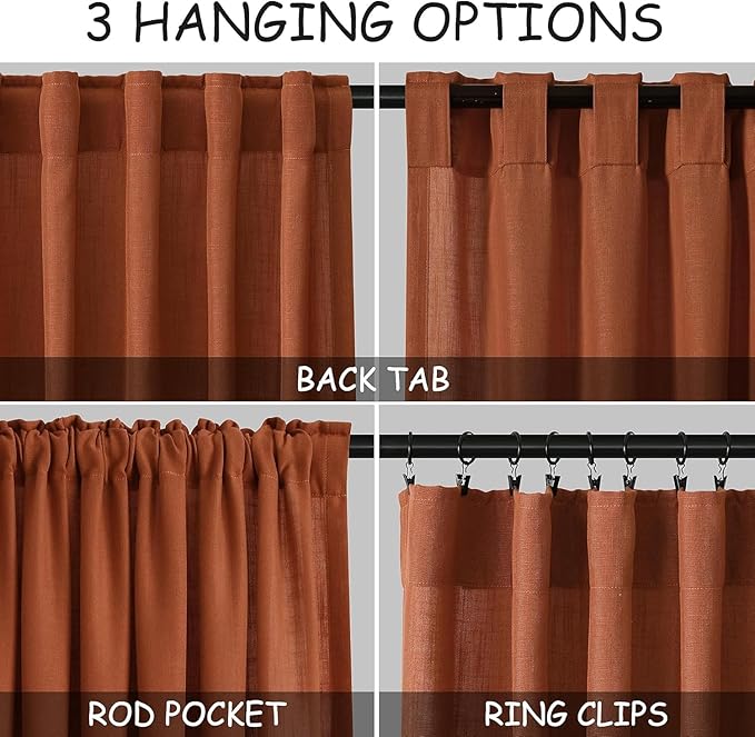 Nanspring Terracotta Long Linen Curtains 102 Inches Long 2 Panel Set Back Tab Boho Rustic Farmhouse Curtain for Living Room Semi Sheer Floor to Ceiling Luxury Home Decor for Bedroom Office 60x102
