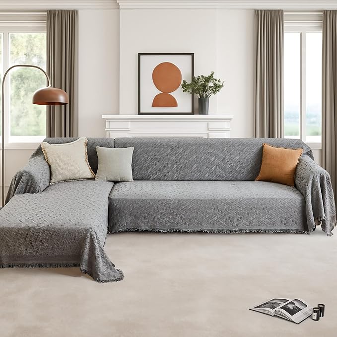 HOMERILLA Sectional Couch Covers for Sectional Sofa L Shaped Sofa Cover Blanket 2 Pieces L Shape Furniture Protector for Pets Dogs (Light Grey, XXX-Large)