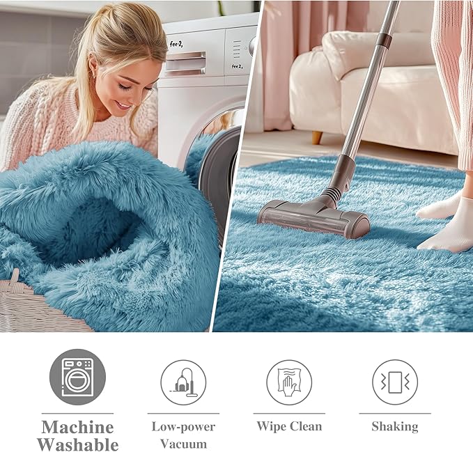OLANLY Slate Blue Round Rugs for Bedroom - Machine Washable, 7 ft Circle Area Rugs for Living Room, Soft and Fluffy Shaggy Carpet for Teen Girl and Boys, Nursery Rooms, Dorms, Home Decor Aesthetic