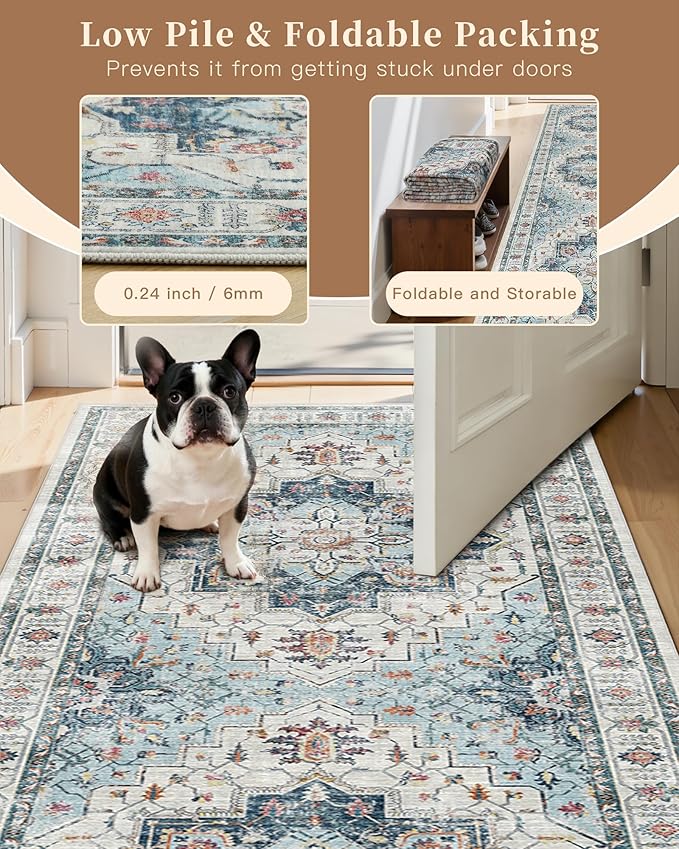 Madane Hallway Runner Rug 3x16 - Vintage Non Slip Washable 16ft Kitchen Runner for Entrance Soft Long Carpet Runners for Living Room Bathroom Low Pile Floor Mat for Bedroom Dining Room, Blue