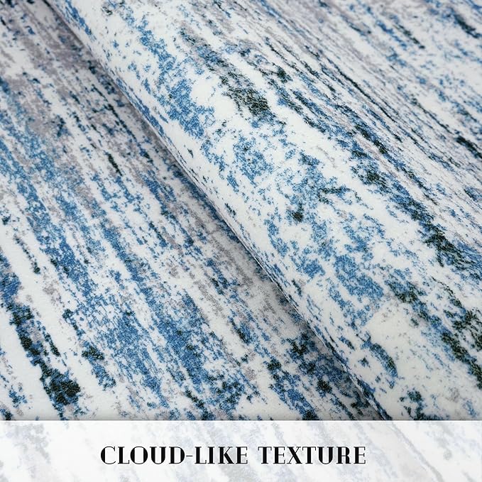 Lansny Modern Abstract 5x7 Machine Washable Area Rug Non-Slip Soft Bedroom Living Romm Rug Grey Blue White Thin Print Faux Wool Floor Carpet Throw Rugs for Nursery Playroom Dining Room Indoor