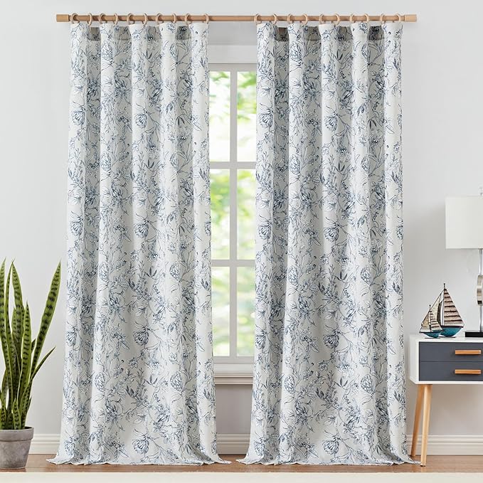 jinchan Floral Curtains 108 Inch Length Blue Flower Linen Farmhouse Curtain for Living Room French Country Vintage Curtain Rod Pocket Curtains Set 2 Panels Blue Floral Printed