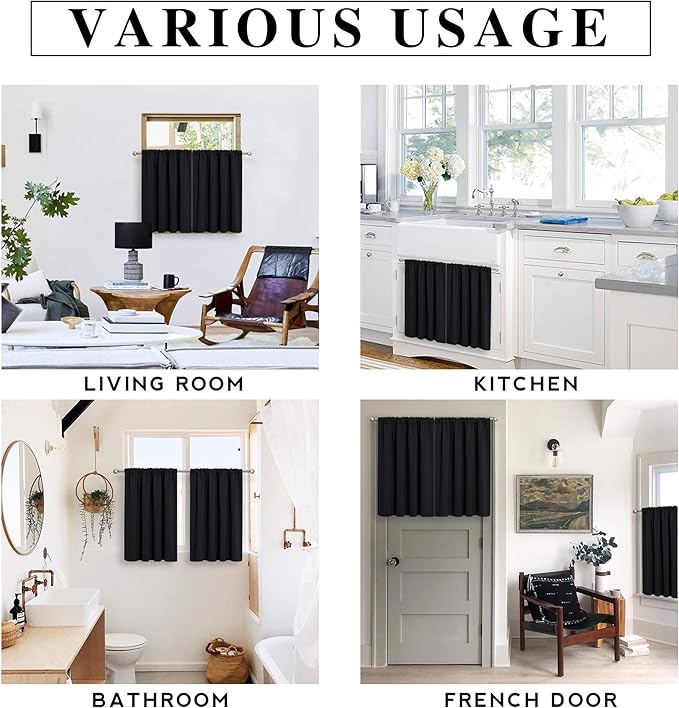 RYB HOME Blackout Cafe Curtains 30 inch Length, Short Light UV Heat Blocking Energy Saving Privacy Curtain Tiers for Basement Bathroom Kitchen Window, Width 29 by Length 30, Black, 2 Panels