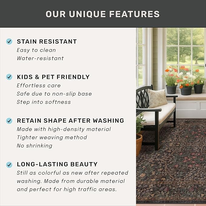 Hazo Haus Taupe Brown 5x8 Rug for Living Room - Vintage Traditional Dark Neutral Floral, Washable Foldable Non-Slip Area Rugs for Dining Under Table, Home Office, Guest Room