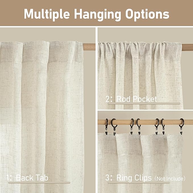 LAMIT Extra Wide Linen Curtains for Bedroom,Natural Light Filtering Faux Linen Textured Panels Semi Sheer Back Tab and Rod Pocket Boho Drapes for Living Room, 2 Panels, 70 x 84 Inch