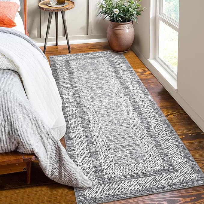 GarveeHome 2x6 Modern Bordered Runner Rug Soft Non Slip Washable Floor Carpet Distressed Geometric Hallway Indoor Printed Rug for Kitchen Entrance, Gray